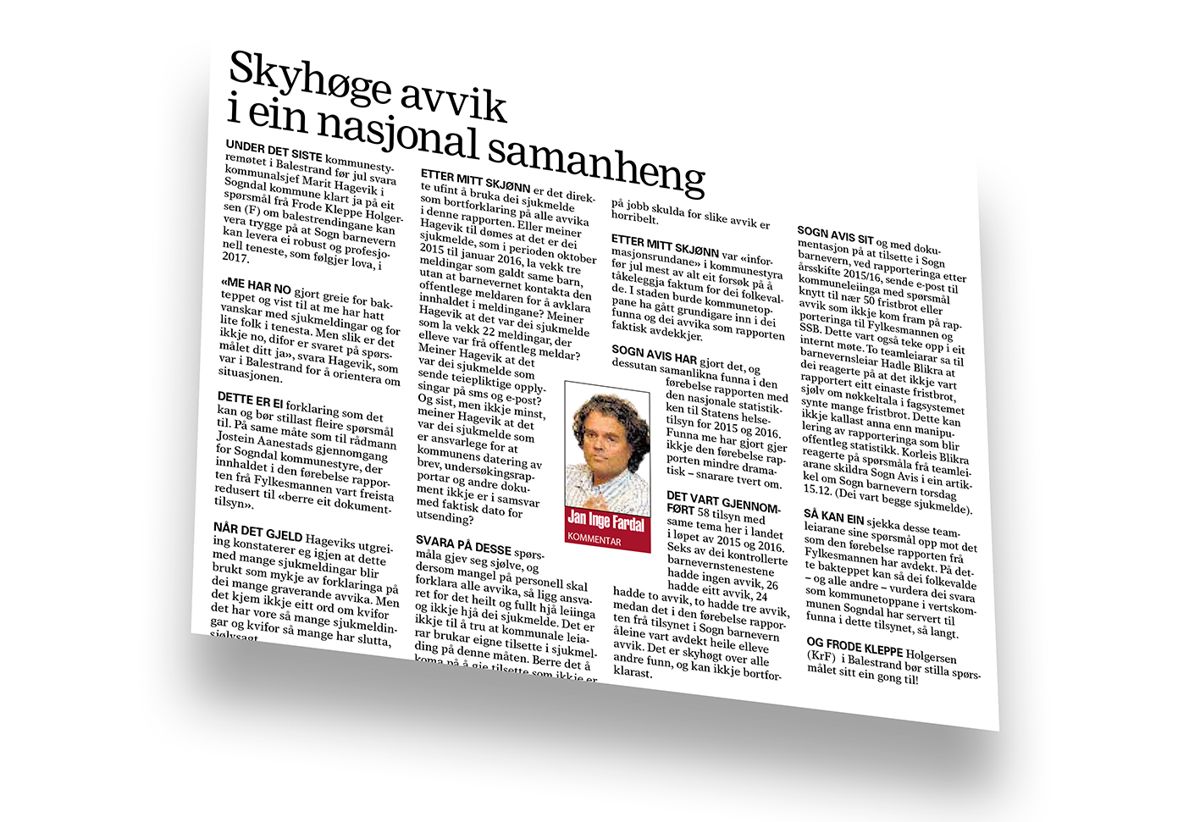 Kommentaren med tittelen «Skyhøge avvik i ein nasjonal samanheng» er en av tre artikler som er klaget inn til PFU. Faksimile fra Sogn Avis: Terje Lien