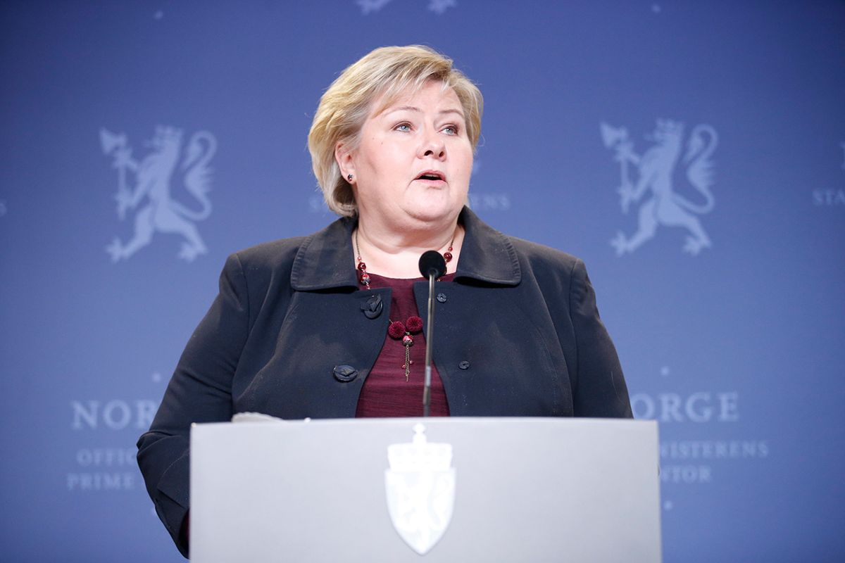 Statsminister Erna Solberg på pressekonferanse der hun kommenterte den pågående budsjettprosessen Foto: Cornelius Poppe / NTB scanpix