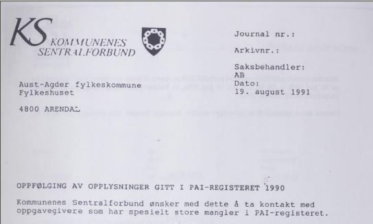 KS har forvaltet PAI-registeret i snart 30 år. Her fra et informasjonsbrev høsten 1991.