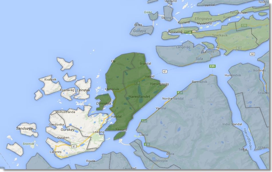 Hareid og Ulstein (mørke grønne kommuner på kartet) er enige om intensjonsavtale, mens Herøy og Sande (lyse kommuner) nå sonderer med hverandre. Begge kommunene ligger på Sunnmøre, litt sør for Ålesund som skal slå seg sammen med Skodje og Sandøy. Grafikk: Google Maps/Kommunal Rapport