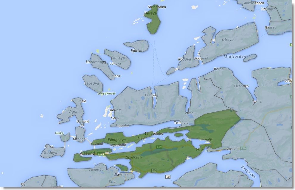 Sandøy (grønn øy øverst i kartet) er ikke akkurat nabo til Ålesund, i motsetning til Skodje (grønn del til høyre for selve Ålesund). Grafikk fra Google Maps