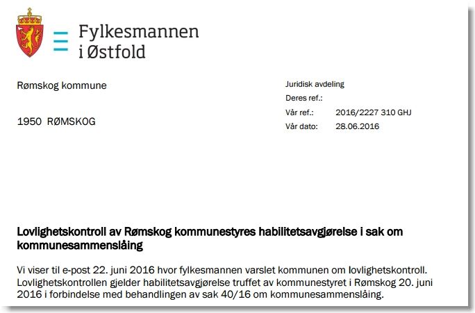 Faksimile av brevet fra Fylkesmannen i Østfold til Rømskog kommune.