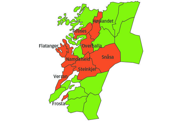 Kommunene med folkeavstemning i Nord-Trøndelag i dag er merket med rødt i dette kartet. Artikkelen oppdateres etter hvert som resultatene kommer inn. Grafikk: Britt Glosvik