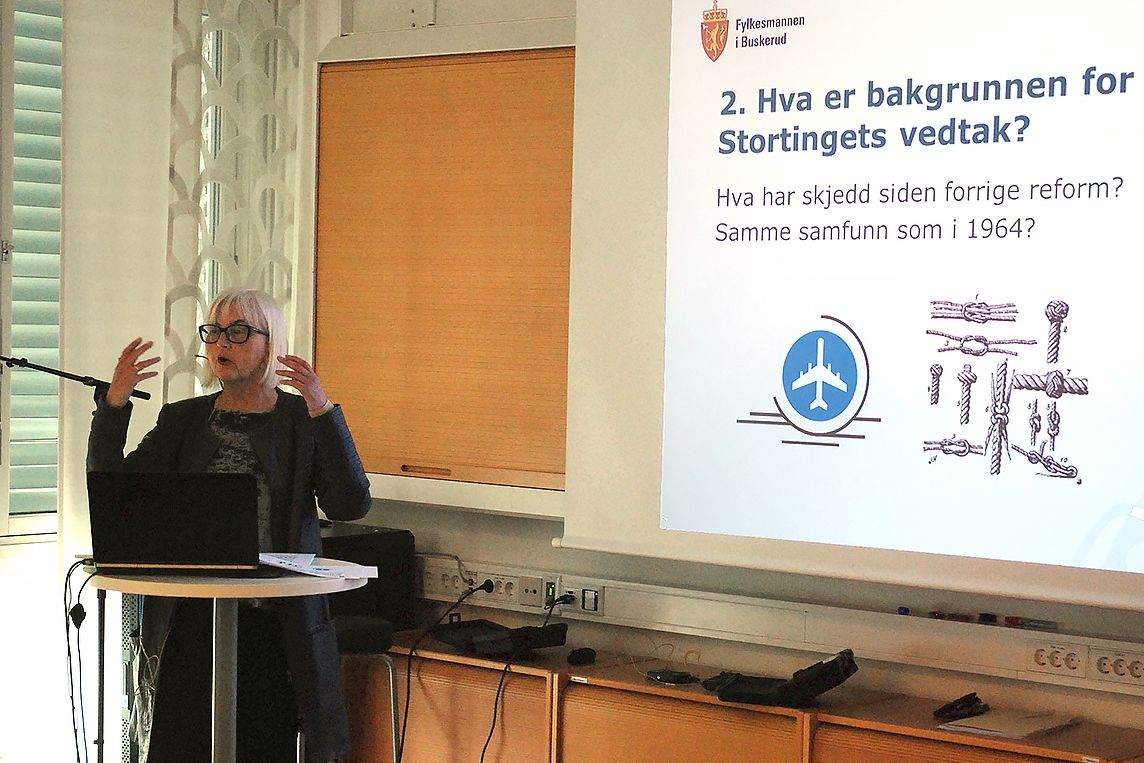 Fylkesmann Helen Bjørnøy la fram foreløpig skisse til kommunestruktur i Buskerud i dag. Foto: Jan Inge Krossli