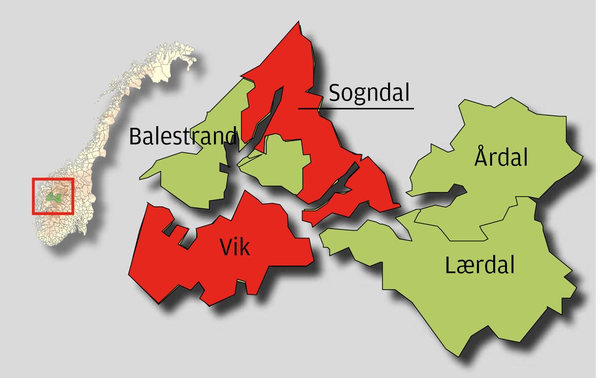 Sogndal og Vik har denne uka brutt forhandlingene med Balestrand, Leikanger, Lærdal og Årdal om en storkommune i Sogn. Grafikk: Britt Glosvik