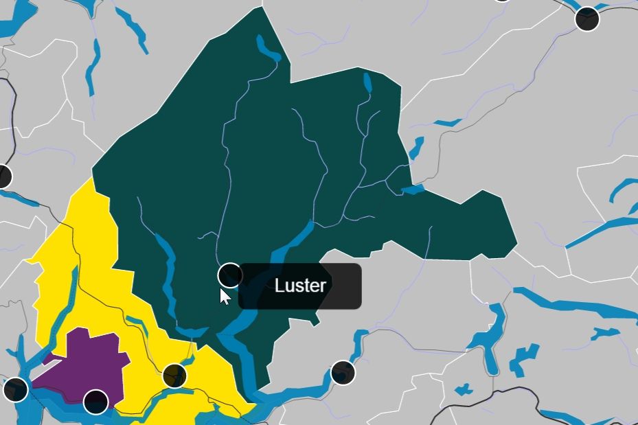 Det er liten entusiasme i Luster for å bli en del av en ny Sogndal-kommune (gul) med Leikanger (lilla). Kart fra nykommune.no