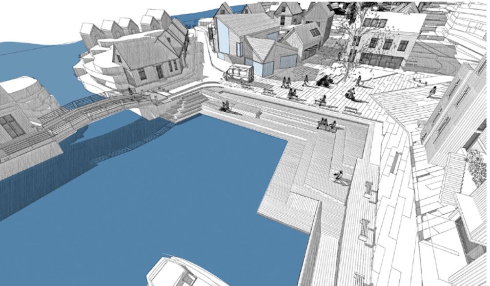 I planene for Kystlandsbyen inngår leiligheter, hus, næringslokaler, torg og havn. Illustrasjon: Kystlandsbyen AS (2013)