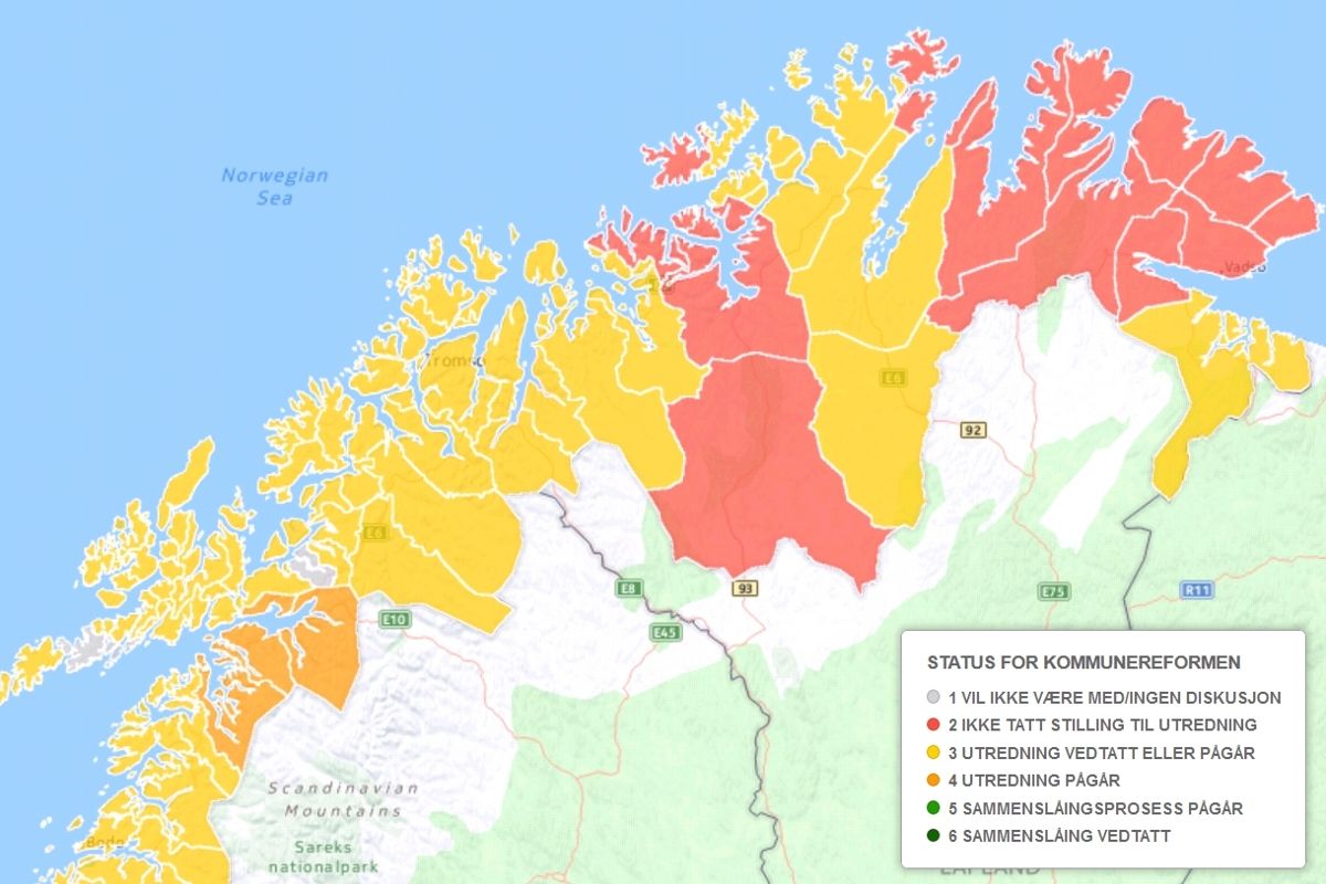 I 49 kommuner er det debatt om struktur, men de har ikke gjort vedtak ennå. I Finnmark er nesten alle kommunene i denne kategorien, viser Kommunal-Rapport.nos kommunekart.