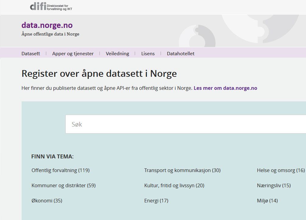 Data.norge.no er et register over åpne data i Norge. Så langt har interessen fra kommunene vært laber. Skjermdump: data.norge.no