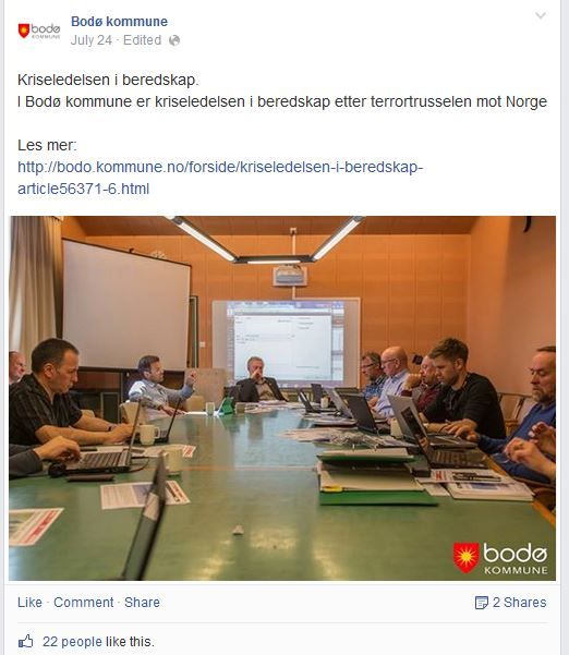 Bodø kommune var først ut på sosiale medier med å melde om hva de foretok seg lokalt. Trysil kommune var derimot først ut med å gjengi det nasjonale varselet som kom torsdag 24. juli. Faksimile: Facebook