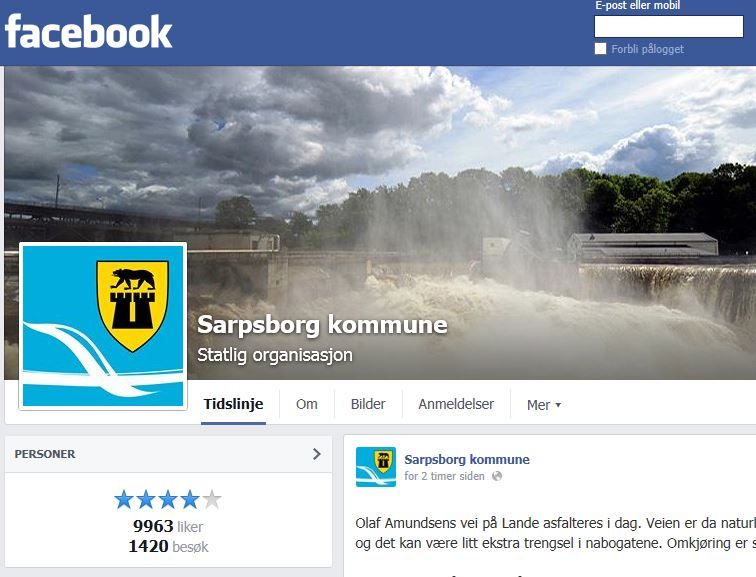 Det finnes 328 helhetlige offisielle Facebook-sider for Norske kommuner. Sarpsborg er den med flest følgere. Faksimile: Facebook