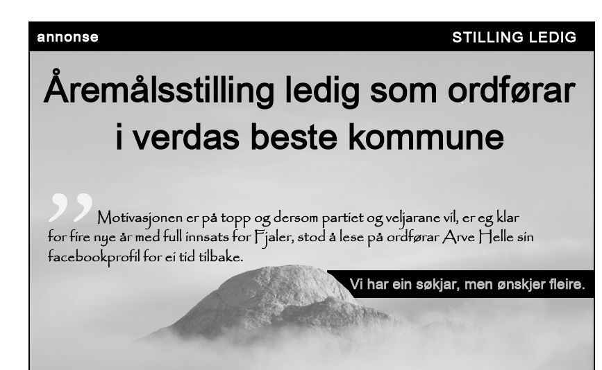 Faksimile: Slik innledes annonsen hvor man søker etter kandidater til ordførerjobben i Fjaler.