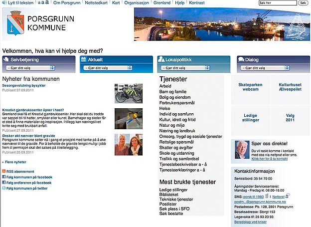 Informasjon på nettsiden er blant kritieriene som er vurdert. Bildet viser nettstedet til Porsgrunn kommune.
