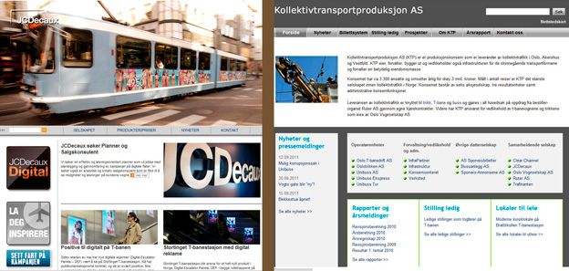 Faksimile av nettsidene til JCDecaux og Kollektivtransportproduksjon AS. (Montasje)