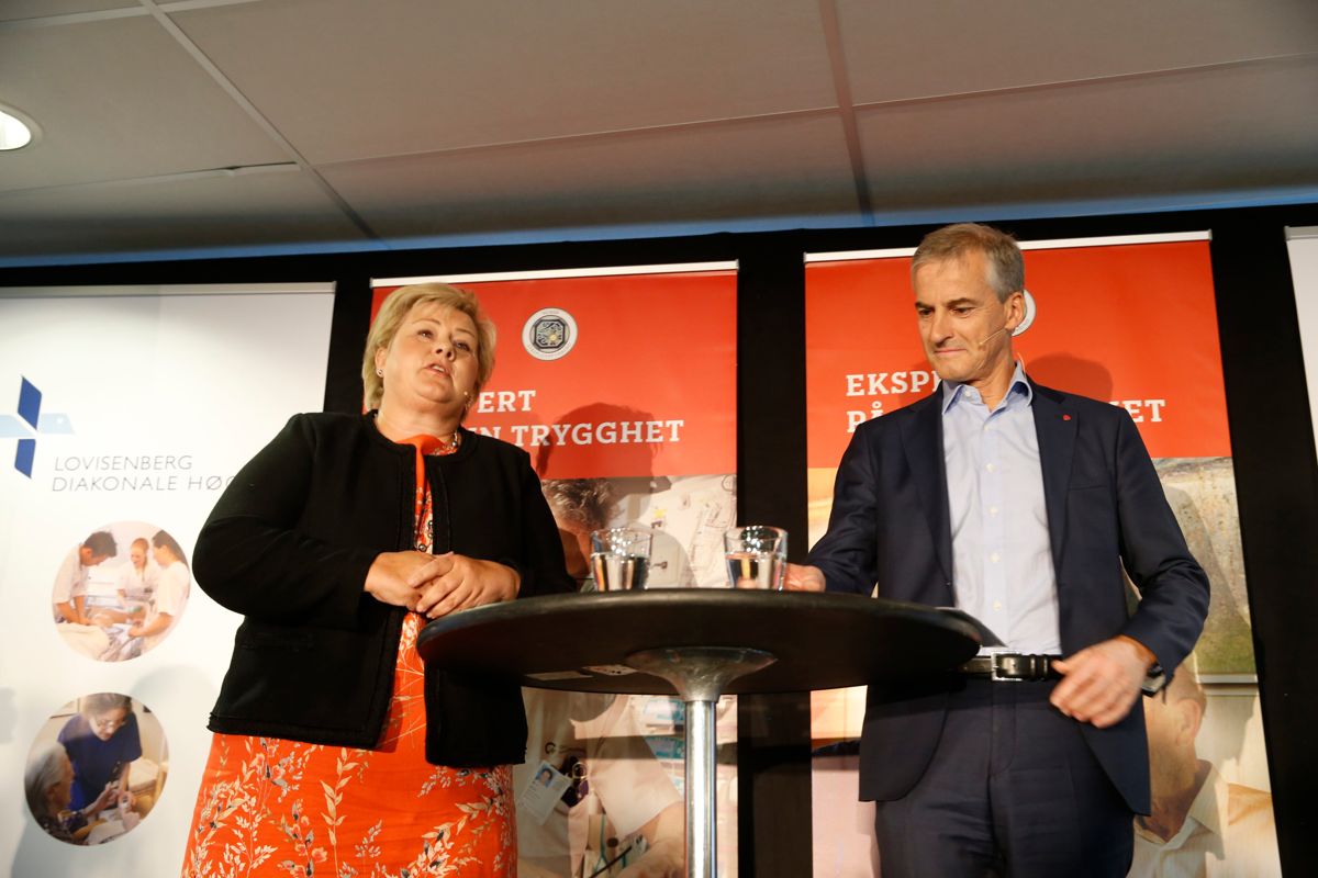 Statsminister Erna Solberg og Jonas Gahr Støre i duell om helsepolitikk i dag, mandag. Foto: Terje Pedersen / NTB scanpix
