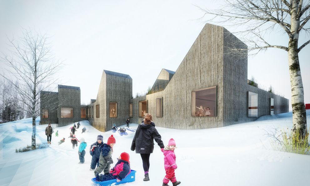 Kistefossdammen barnehage i Asker kan bli det første offentlige plusshuset i Norge, dvs. at bygget skal produsere mer strøm enn det bruker. Illustrasjon: Christensen & Co. Arkitekter