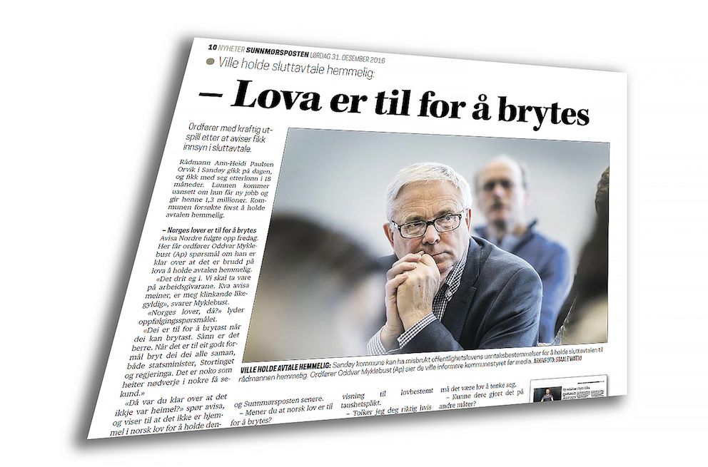 Sandøy-ordfører Oddvar Myklebust (Ap) fikk svært mye oppmerksomhet da han sa at han gir blaffen i at det var lovbrudd å hemmeligholde sluttavtalen med rådmannen. Faksimile av Sunnmørsposten 31. desember.