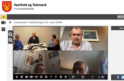 Det første heldigitale fylkestingsmøtet i Vestfold og Telemark ble direktesendt og deretter lagt ut som opptak, så alle kunne se debattene. Skjermdump fra fylkestingets nettsider.