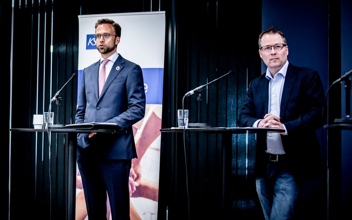 Kommunalminister Nikolai Astrup og KS-leder Bjørn Arild Gram under KS` digitale stormøte med kommunale og fylkeskommunale ledere 13. mai.