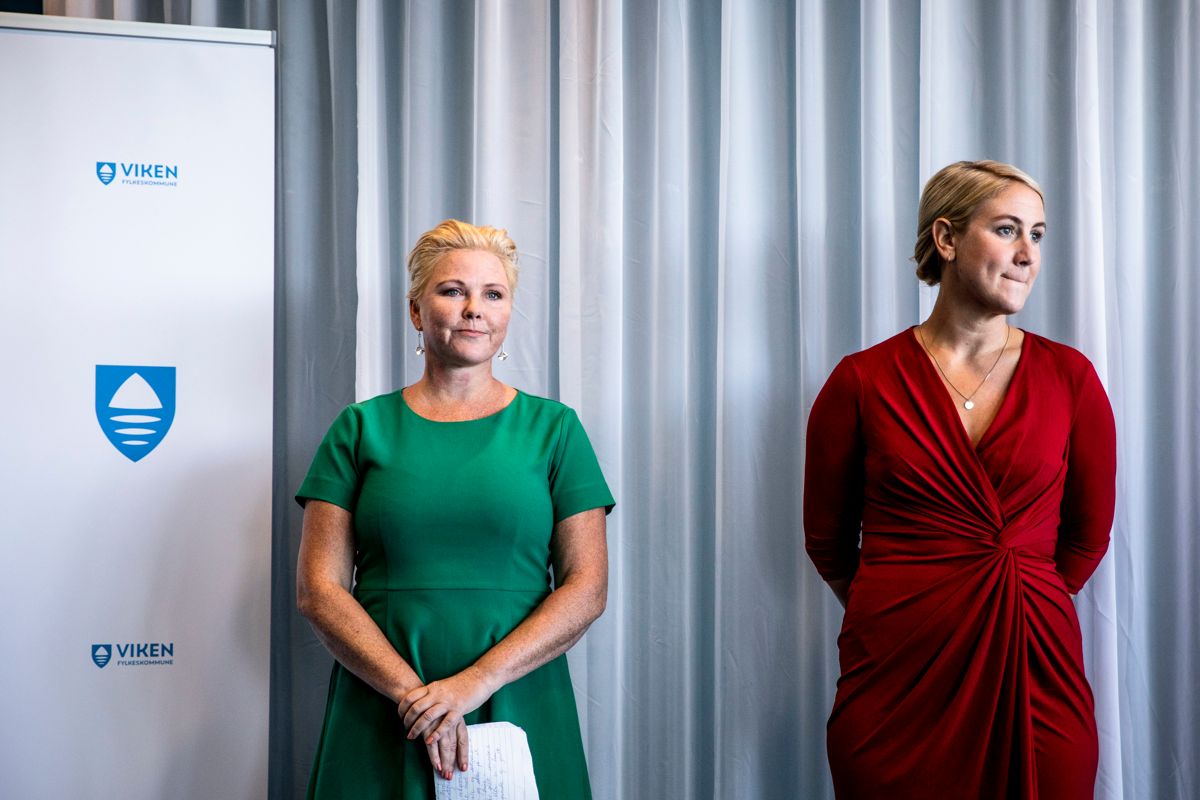 Fylkesråd for klima og miljø i Viken, Anne Beate Tvinnereim (Sp), og fylkesrådsleder Tonje Brenna (Ap) under dagens pressekonferanse.