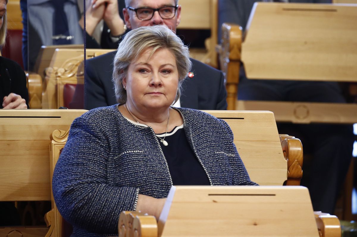 Statsminister Erna Solberg under trontaledebatten i Stortinget.