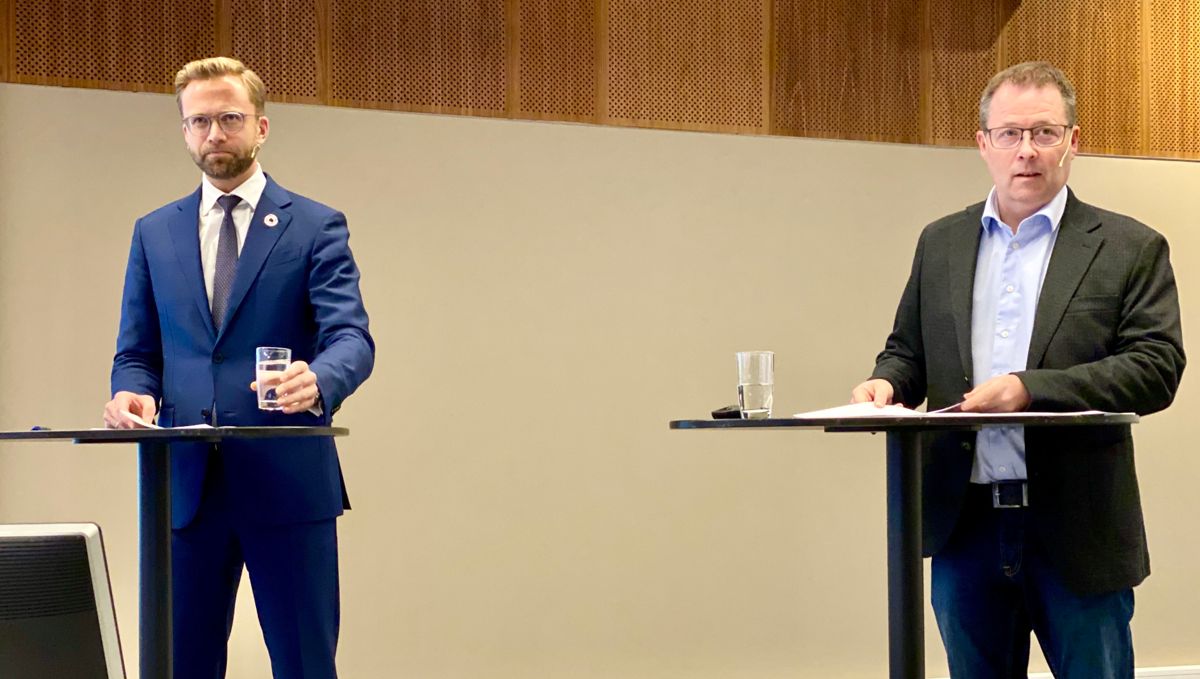 Kommunalminister Nikolai Astrup (H) og KS-leder Bjørn Arild Gram (Sp) er ikke enige om frikommuneforsøk.
