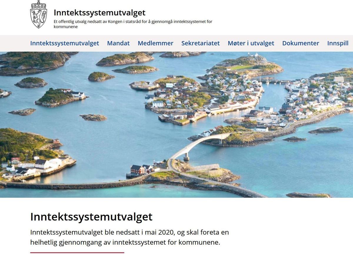 Slik ser nettsiden til utvalget ut som skal gå gjennom kommunesektorens inntektssystem. Kommuner kan her komme med sine innspill.