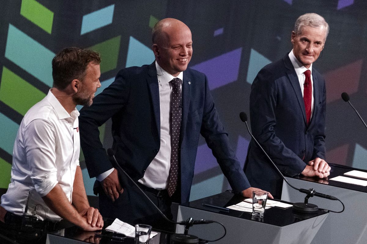 Audun Lysbakken (SV), Trygve Slagsvold Vedum (Sp) og Jonas Gahr Støre (Ap), her under partilederdebatten på Arendalsuka i fjor.