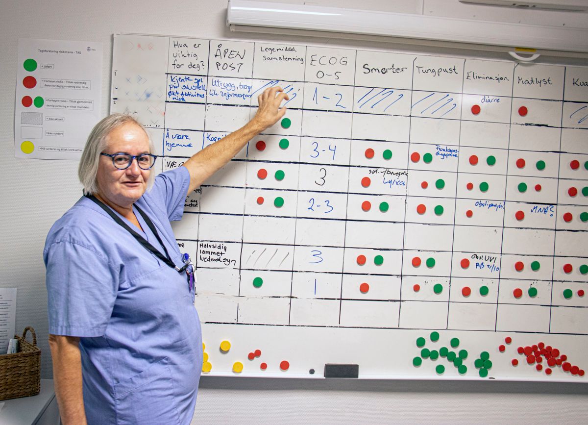 Sykepleier Helle Andersen arbeider ved hjemmetjenesten i Østensjø bydel i Oslo. Der har de arbeidet med tillitsreform. På denne tavla registrerer teamene om de oppfyller målene som brukerne har satt.
