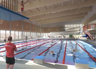 Slik ser vinnerutkastet til ny svømmehall i Volda ut. Etter at Klagenemnda for offentlige anskaffelser (Kofa) har konkludert i klagesaken, er politikerne klare til å inngå kontrakt.
