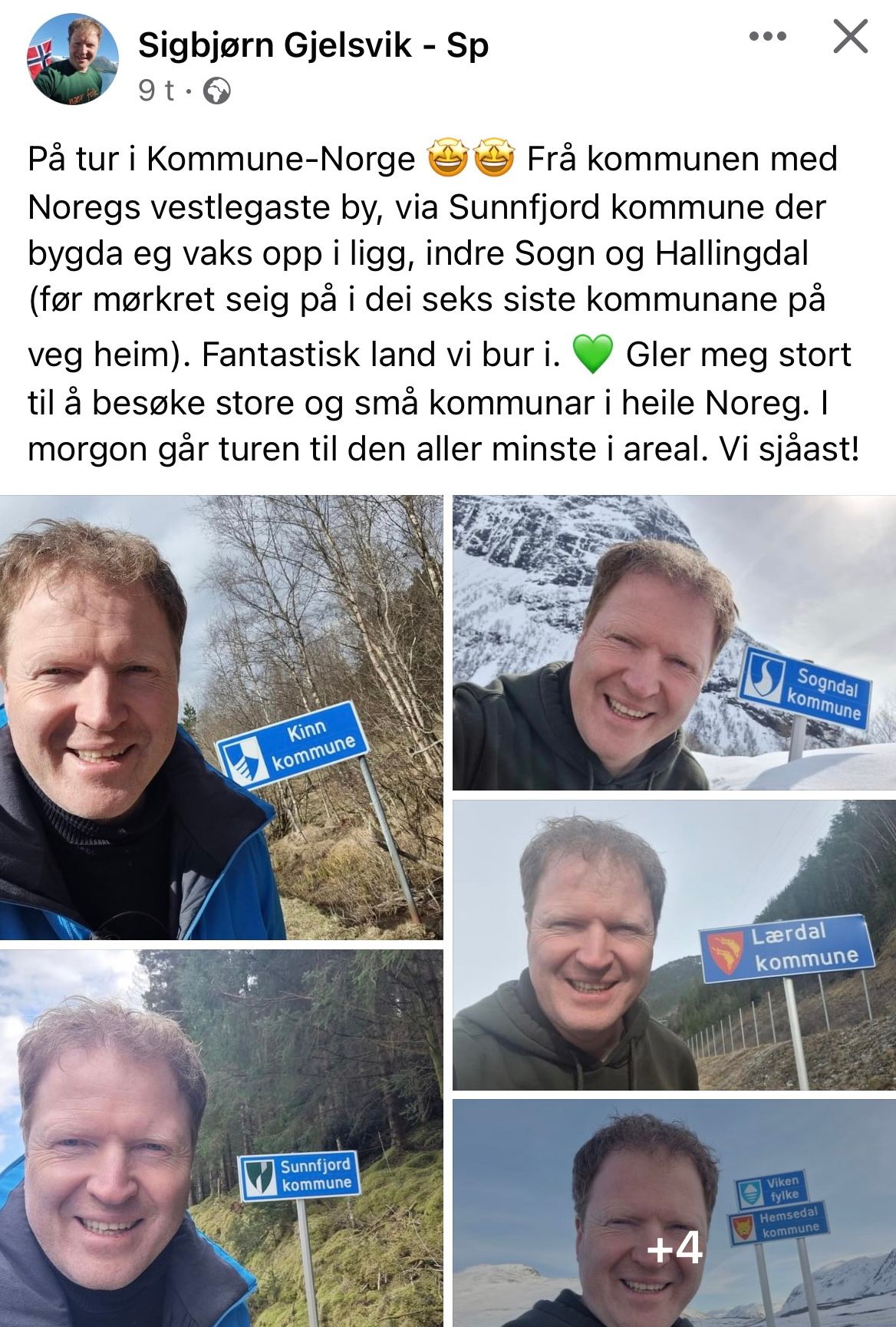 Den nye kommunal- og distriktsministeren, Sigbjørn Gjelsvik (Sp), har dokumentert sine mange kommunebesøk. Her er hans Facebook-post fra 18. april.