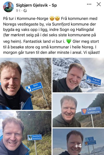 Den nye kommunal- og distriktsministeren, Sigbjørn Gjelsvik (Sp), har dokumentert sine mange kommunebesøk. Her er hans Facebook-post fra 18. april.