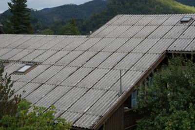 Asbest er for eksempel brukt i bygningsplater i tak og vegger, både innendørs og utendørs. Det er også brukt i gulvfliser, maling og murpuss. Bildet viser asbestholdige takplater.