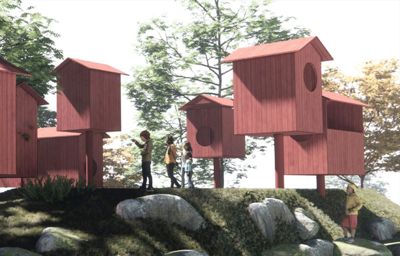 3RW arkitekter har teikna dette forslaget, fugleberget, for prosjektet i Hyllestad. Det er ei rekke leikehus forma som fuglekassar på skuleområdet.