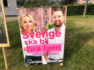Valgplakat fra Sverigedemokraterna. Partiet gjorde et stort byks i dette valget, og er størst i 19 kommuner.