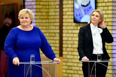 Høyre-leder Erna Solberg og Frp-leder Sylvi Listhaug får til sammen rent flertall for sine partier på en ny måling.