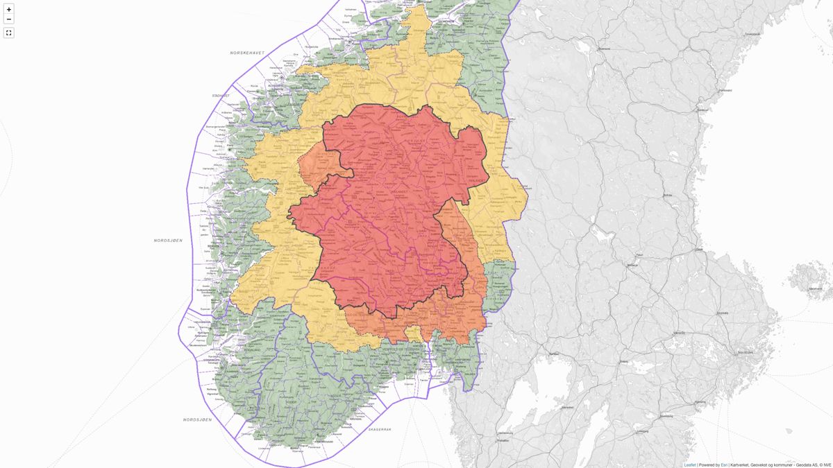 Kommunene Nannestad, Hurdal, Eidsvoll, Ullensaker, Nes er oppjustert fra oransje til rødt nivå.