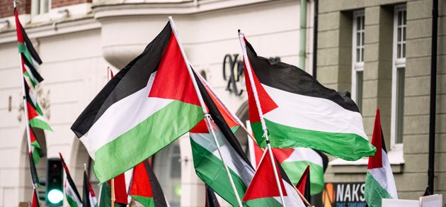Palestinska flaggor under en propalestinsk demonstration i Malmö. De kommer inte att få tas med in i arenan under Eurovision Song Contest. Arkivbild.