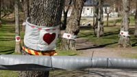 Träden i Kapellparken lindades in i röda hjärtan.