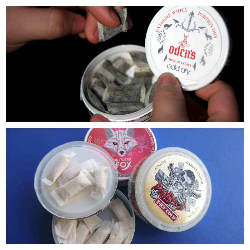 Bilden ovan visar snus av märket Odens som är populärt i Finland på grund av sin höga nikotinhalt. Bilden nertill föreställer nikotinpåsar som i Sverige marknadsförs som ett hälsosamt alternativ och användningen av det har ökat kraftigt sedan de lanserades.