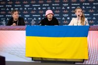 Ukrainas Kalush Orchestra på presskonferensen efter finalen i Eurovision Song Contest. Arkivbild.