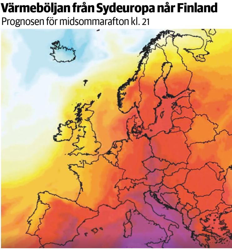 Den lila färgen är en temperatur på runt fyrtio grader. I Finland förväntas en temperatur på runt 25 grader i södra delarna av landet.