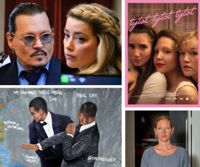 Rättegången mellan exmakarna Johnny Depp och Amber Heard (upp t.v.) och Will Smiths smocka på Oscarsgalan 2022 (nere t.v.) har gett upphov till mediala spektakel som visar hur frågor om kön lätt polariseras – samtidigt som deras underliggande komplexitet osynliggörs. Uppe t.h affischen till Aili Haapsalos film Tytöt, tytöt, tytöt, som i likhet med författaren Maggie Nelson (nere t.h.) strävar efter att bejaka öppenheten och ambivalensen i frågeställningar som anknyter till kön, makt och sexualitet.