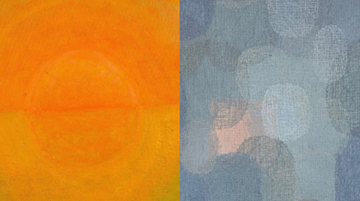 Utställningen Maan ja taivaan rajalla på Galleri Theodor består av Hannu Sillanpääs målningar och Raija Rastas textilkonstverk.