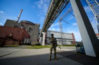 En rysk soldat på vakt vid kärnkraftverket Zaporizjzja. Bild från i maj.