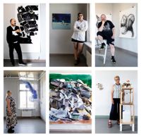 Utställningen 6 rum finns nu att se i Näse gård. Övre raden från vänster: Pan Jianfeng, Saara Piispa och Sampsa Indren. Nedre raden från vänster: Tiina Ketara, Thomas Nyqvist (detalj av ett verk) och Ylva Holländer.
