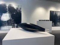 Samutställning Transparent World i Galleri Centrum. Helmi Remes kolnade träskulpturer i förgrunden och Panu Ruosalos känslosamma abstrakta verk i bakgrund. Glasverken är också av Helmi Remes.