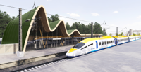 Konceptbild av det baltiska snabbtåget Rail Baltica. Sektioner av banan ska öppnas 2026–2030.
