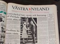 Västra Nylands första sida den 26 maj 1976. Drottning Elizabeth II skakar hand med Finlands president Urho Kekkonen. Prins Philip står bredvid.