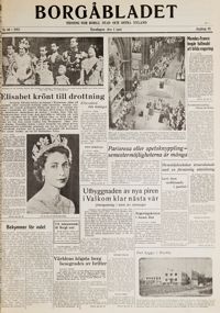 Borgåbladet skrev om kröningen av drottning Elizabeth II. Lägget är från 4.6.1953.